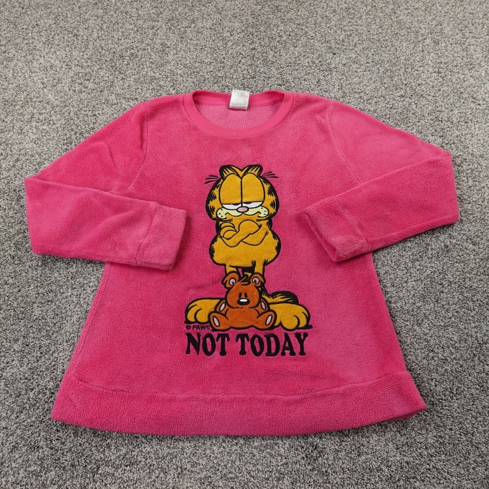 Garfield Sweater Womens M Pink Cat Fleece Pile Pullover Crewneck Sweatshirt Soft